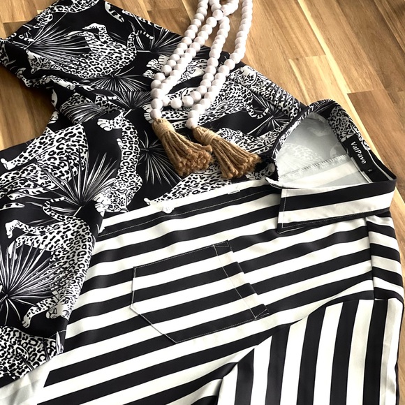 ⚫️ NWOT ⚪️ Button Down Lightweight Collared Shirt with Split Stripes & Leopards - Picture 4 of 7